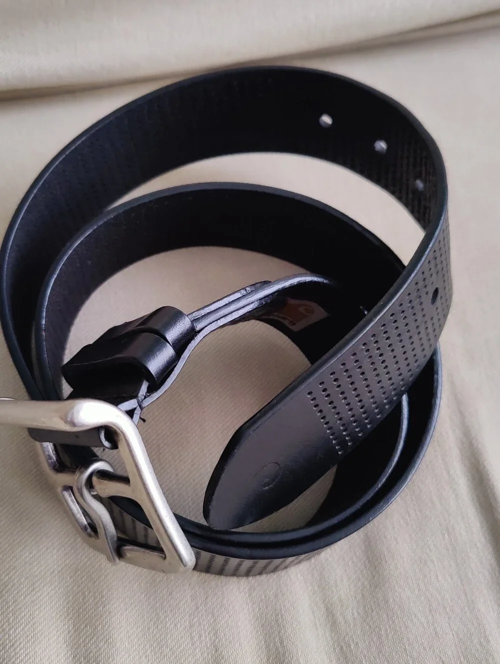 Carhartt Black Perforated Leather Belt with Silver Tone Metal Square Buckle